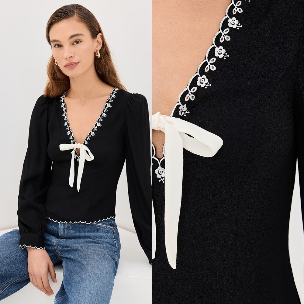 Reformation Vivia Top 2 Black Embroidered Scalloped V-Neck Tie Front Blouse